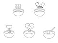 Bowl Kitchen Outline Set. Various bowls depicting hot soup salt pepper seasoning mixing whisk egg cracking and stirring. EPS