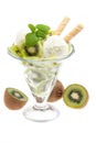 A bowl of kiwi ice cream with kiwis and cones isolated on white background with waffles Royalty Free Stock Photo