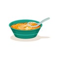 Bowl of laksa soup or curry mee with noodle and half of boiled egg. Traditional Malaysian dish. Flat vector design