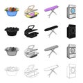 A bowl with laundry, ironing machine, washing machine, ironing board. Washing and cleaning set collection icons in