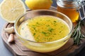 Bowl with lemon sauce and ingredients on table, closeup. Delicious salad dressing Royalty Free Stock Photo