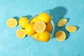 Bowl with lemons on blue background. Ripe fruit Royalty Free Stock Photo