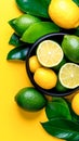 A bowl of lemons and limes on a yellow background Royalty Free Stock Photo