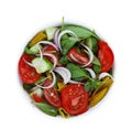 A bowl of lettuce from tomatoes, spinach and various fresh vegetables. white background. top veiw. Royalty Free Stock Photo