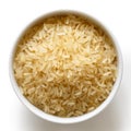 Bowl of long grain parboiled rice on white..