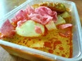 A bowl of lontong sayur. Minang specialty dish served with curry sauce with rice/lontong, eggs, crackers, bakwan and jackfruit