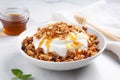 Bowl Luscious White Base, Greek Yogurt Dollop, Honey Drizzle, Granola On White Plate, On Royalty Free Stock Photo