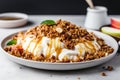 Bowl Luscious White Base, Greek Yogurt Dollop, Honey Drizzle, Granola On White Plate, On