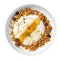 Bowl Luscious White Base, Greek Yogurt Dollop, Honey Drizzle, Granola On White Plate On A White Background Royalty Free Stock Photo