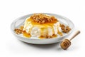 Bowl Luscious White Base, Greek Yogurt Dollop, Honey Drizzle, Granola On White Plate, On Isolated Tr