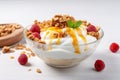 Bowl Luscious White Base, Greek Yogurt Dollop, Honey Drizzle, Granola On White Plate, On Isolated Tr