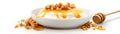 Bowl Luscious White Base, Greek Yogurt Dollop, Honey Drizzle, Granola On White Plate Panoramic Banne