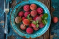 Bowl with lychee and fork on a wooden table