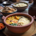 Bowl of Malawi& x27;s Nsima with Traditional Utensils and Vegetables