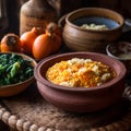 Bowl of Malawi& x27;s Nsima with Traditional Utensils and Vegetables