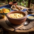 Bowl of Malawi& x27;s Nsima with Traditional Utensils and Vegetables