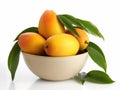 Bowl with mangoes and green leaves