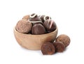 Bowl with many different delicious chocolate truffles on white background Royalty Free Stock Photo