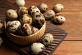 Bowl and many speckled quail eggs on wooden table, space for text