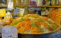 Bowl Of Masala Curry, Bright Colors Fragrant Seasoning, Condiment In Tray On Local Food Market, Bazaar in Iran. Tourism