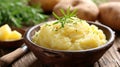A bowl of mashed potatoes with a sprig of rosemary, AI Royalty Free Stock Photo