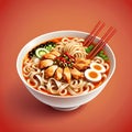 A bowl of chiken noodles with super spicy sauce, flat design