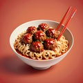 A bowl of meatball noodles with super spicy sauce, flat design