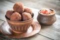 Bowl of meatballs with mexican sauce salsa Royalty Free Stock Photo