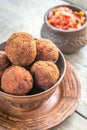 Bowl of meatballs with mexican sauce salsa Royalty Free Stock Photo