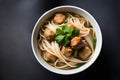 A bowl of mie bakso, a popular Indonesian meatball soup served with noodles. Top view. Generative AI Royalty Free Stock Photo