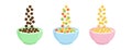 Bowl milk cereal vector breakfast. Cartoon oats. Different sweet flavors. Falling colorful cornflakes. Healthy food for kids