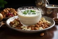 A bowl of milk and nuts with an oriental touch for a delightful experience, eid and ramadan images