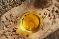 Milk thistle oil in a bowl, closeup Royalty Free Stock Photo