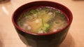A bowl of miso soup, a Japanese classic. Crafted from dashi and miso paste, it is a harmonious blend of flavors. Enjoy with wakame