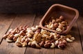 Mix of nuts on wooden table Royalty Free Stock Photo
