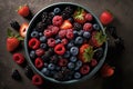 A bowl of mixed berries, including strawberries, blueberries, raspberries, and blackberries, generative ai