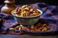 a bowl of mixed roasted nuts on a plain tablecloth Royalty Free Stock Photo
