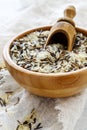 Mixture of white and wild rice in a wooden bowl. Royalty Free Stock Photo