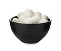 Bowl with mozzarella cheese balls on white background Royalty Free Stock Photo