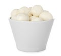 Bowl with mozzarella cheese balls on white background Royalty Free Stock Photo