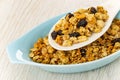 Bowl with muesli, granola with peanut, hazelnut and raisin in white spoon on wooden table Royalty Free Stock Photo