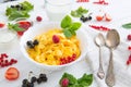 bowl of muesli and yogurt with fresh berries Healthy tasty breakfast cornflakes with strawberries, raspberries, black Royalty Free Stock Photo