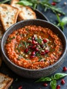Bowl of muhammara with bread and pomegranate garnish Royalty Free Stock Photo