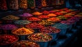 A bowl of multi colored spices in a row, selling freshness generated by AI Royalty Free Stock Photo