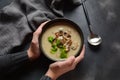 A bowl of Mushroom Cream Soup with fried champignons and fresh parsley Royalty Free Stock Photo