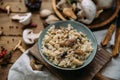 Bowl of Mushroom Risotto garnished with Thyme leaves, Royalty Free Stock Photo