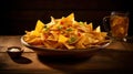 Bowl of nachos on wooden table on dark background. Snack of corn tortilla chips with various additives. Traditional