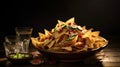 Bowl of nachos on wooden table on dark background. Snack of corn tortilla chips with various additives. Traditional