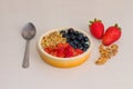 Bowl with natural yogurt and fresh fruits on wooden white table. Strawberries, blueberries and nuts with selective focus. Royalty Free Stock Photo