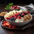 A bowl with natural yogurt, granola and fresh fruits and berries. Delicious and healthy breakfast. Royalty Free Stock Photo